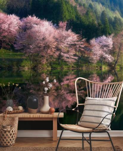 flores de cerezo rosa junto a un fondo de pantalla lago