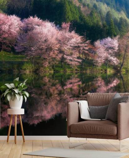 pink cherry blossom trees by a lake wallpaper pink cherry blossom trees by a lake wallpaper