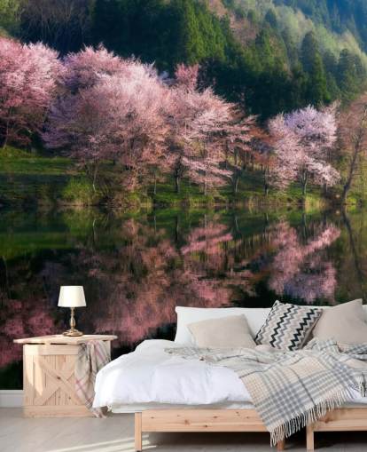 pink kirsebær blomstre træer ved en sø tapet pink kirsebær blomstre træer ved en sø tapet