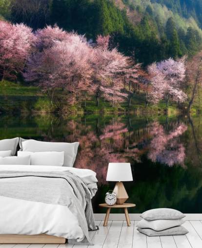 flores de cerezo rosa junto a un fondo de pantalla lago