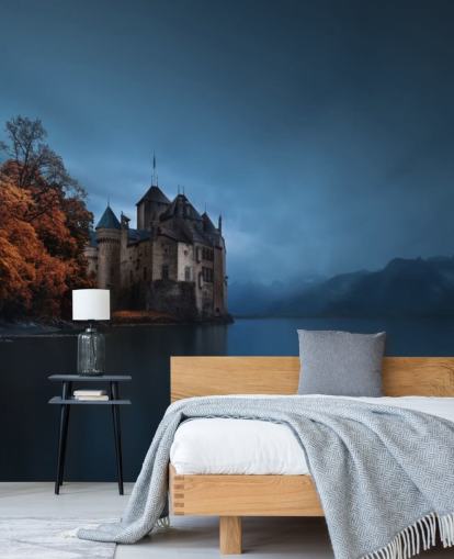 lac sombre en automne avec le papier peint du château