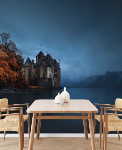 dark lake in autumn with castle wallpaper