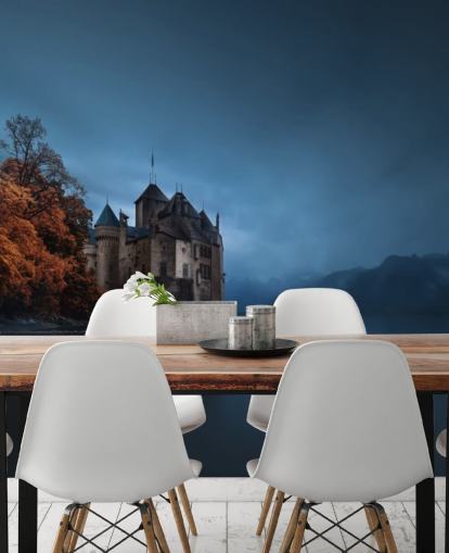 donker meer in de herfst met kasteelbehang