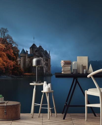 dark lake in autumn with castle wallpaper