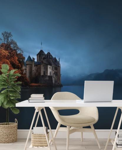 donker meer in de herfst met kasteelbehang