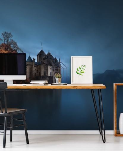 lago escuro no outono com papel de parede do castelo