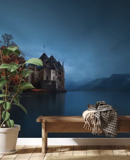 dark lake in autumn with castle wallpaper