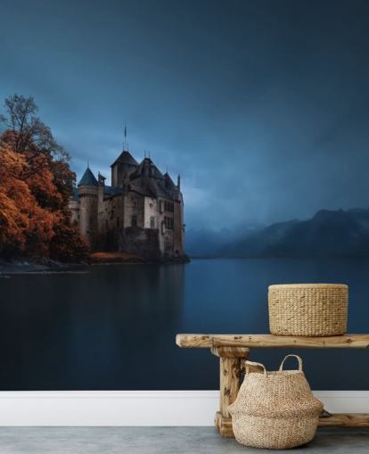 lago oscuro en otoño con fondo de pantalla de castillo