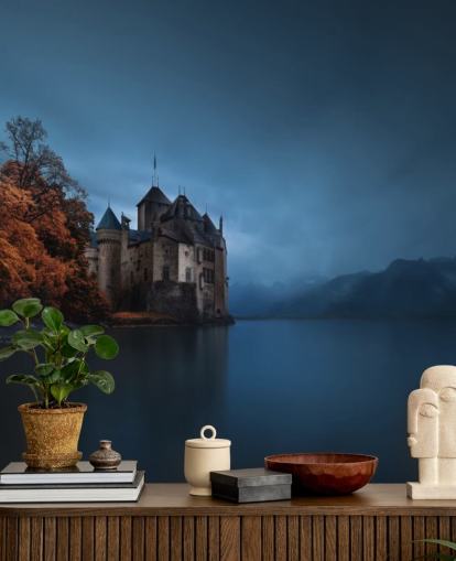 dark lake in autumn with castle wallpaper