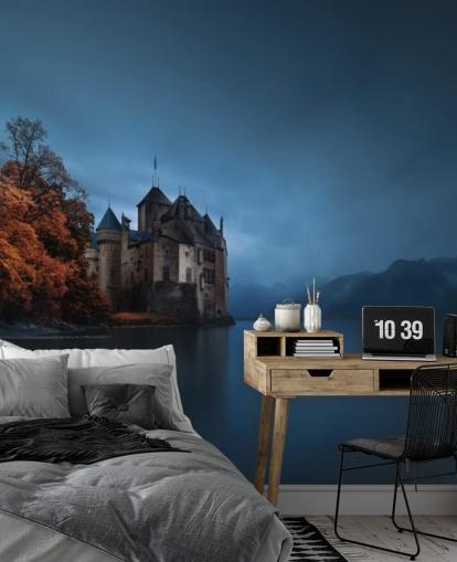 lac sombre en automne avec le papier peint du château