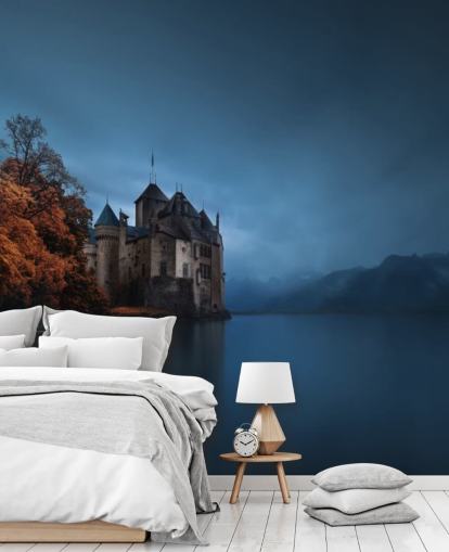 dunkler See im Herbst mit Burg-Tapete dunkler See im Herbst mit Burg-Tapete