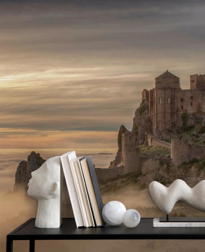 spanisches Schloss auf Berggipfel über Nebel Berge Tapete spanisches Schloss auf Berggipfel über Nebel Berge Tapete