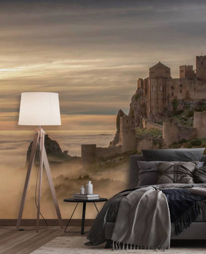 spanisches Schloss auf Berggipfel über Nebel Berge Tapete spanisches Schloss auf Berggipfel über Nebel Berge Tapete