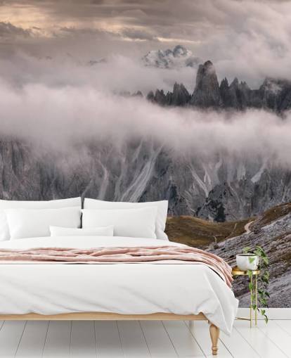 misty view of dolomite mountain wallpaper