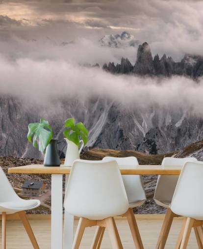 misty view of dolomite mountain wallpaper