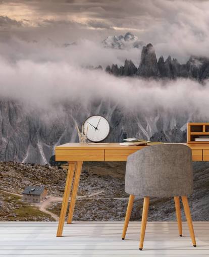 misty view of dolomite mountain wallpaper