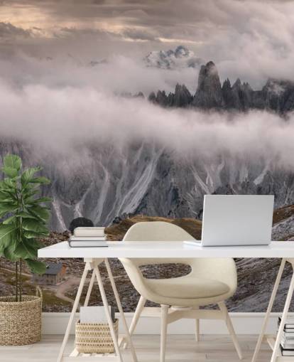 misty view of dolomite mountain wallpaper