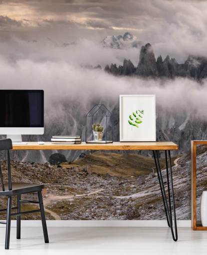 misty view of dolomite mountain wallpaper