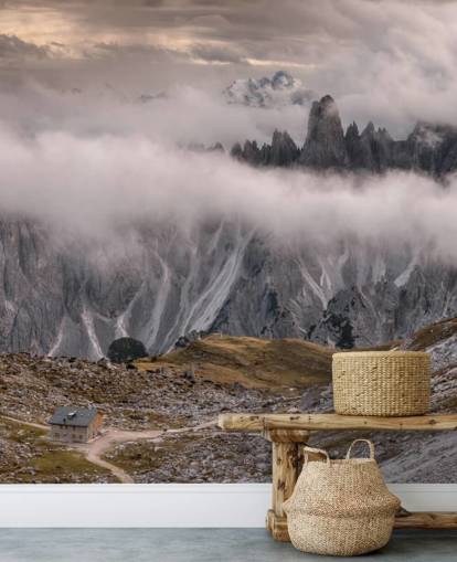 misty view of dolomite mountain wallpaper