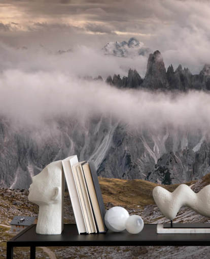 misty view of dolomite mountain wallpaper