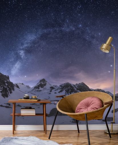 fond d'écran montagnes enneigées avec ciel étoilé