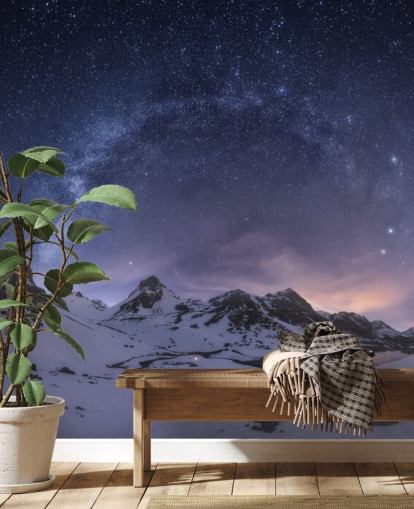 fond d'écran montagnes enneigées avec ciel étoilé