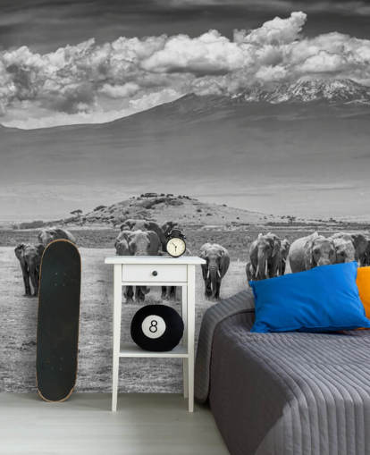 black and white photo of elephants wallpaper