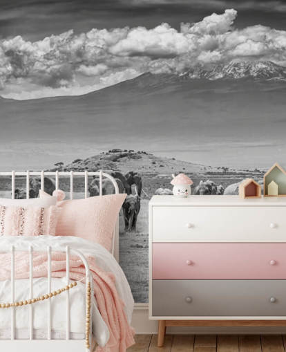 sort og hvid foto af elefanter tapet