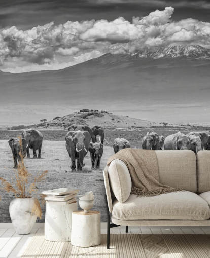 black and white photo of elephants wallpaper