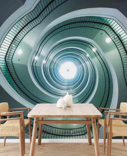 off-white and green shade stairway tunnel wallpaper