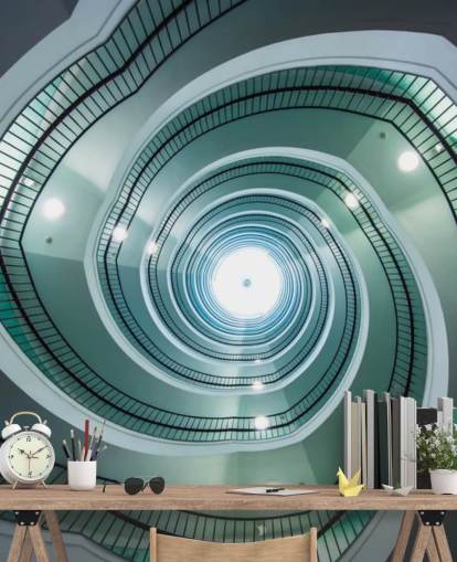 off-white and green shade stairway tunnel wallpaper