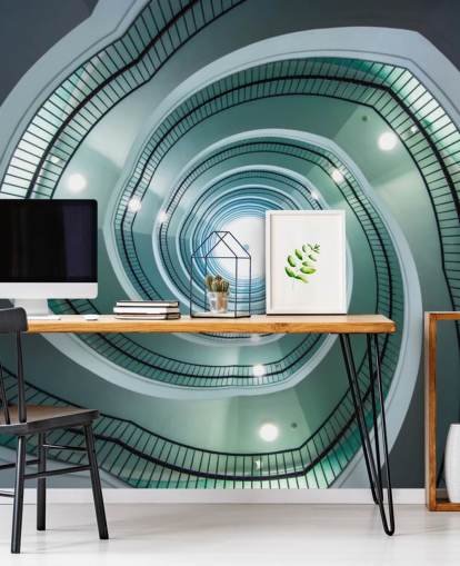 off-white and green shade stairway tunnel wallpaper