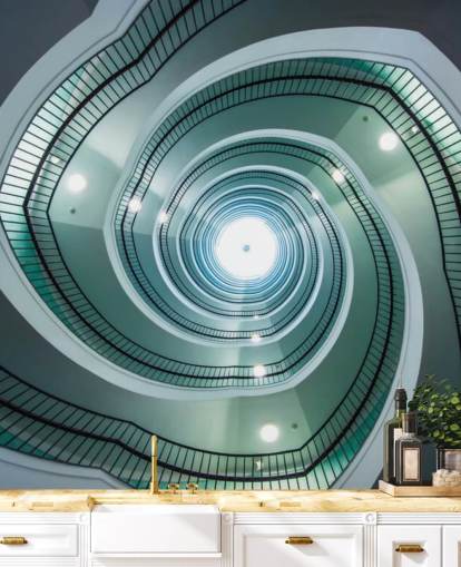 off-white and green shade stairway tunnel wallpaper