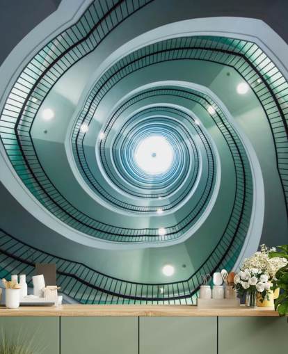 off-white and green shade stairway tunnel wallpaper