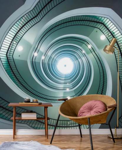 off-white and green shade stairway tunnel wallpaper