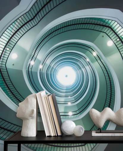 off-white and green shade stairway tunnel wallpaper