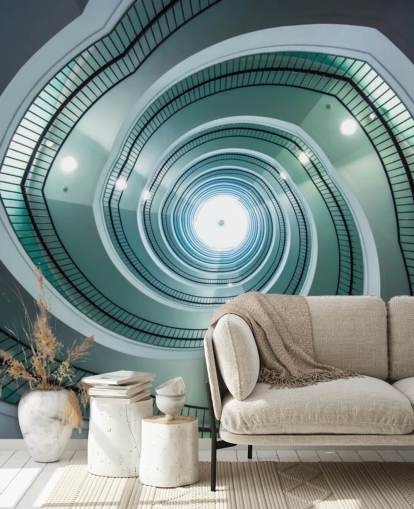 papel pintado de túnel de escalera en tono blanquecino y verde