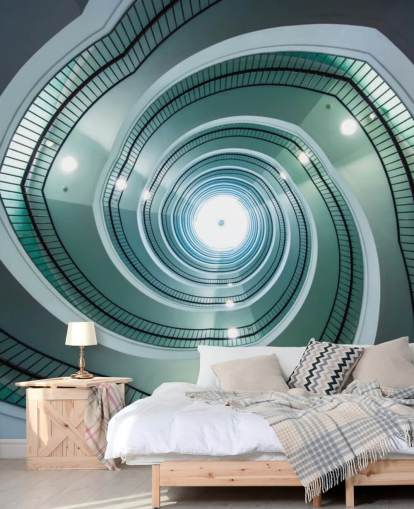 off-white and green shade stairway tunnel wallpaper