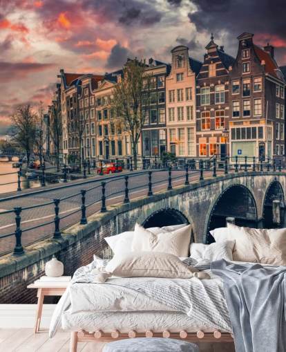 Amsterdam bro och hus vid solnedgången tapet Amsterdam bro och hus vid solnedgången tapet