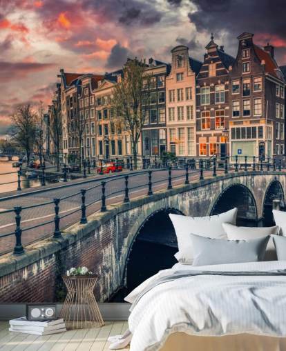 amsterdam bridge and houses at sunset wallpaper