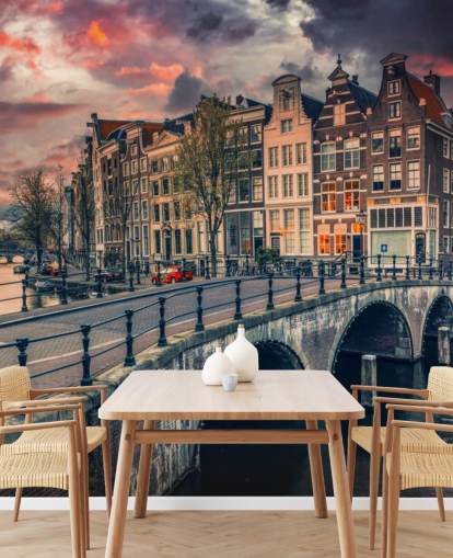 pont d'Amsterdam et maisons au coucher du soleil papier peint