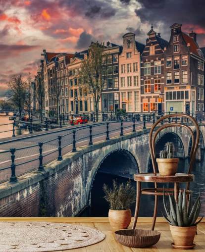 amsterdam bridge and houses at sunset wallpaper