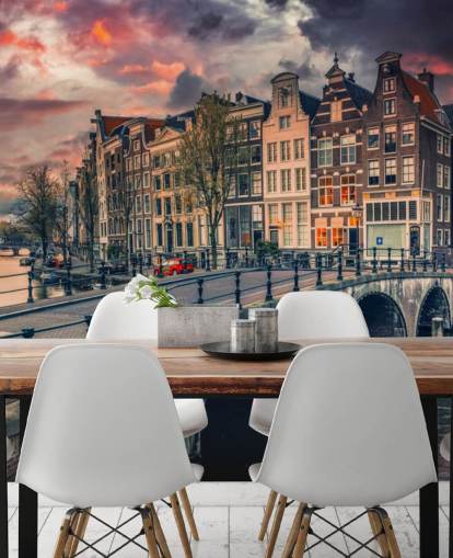 amsterdam bridge and houses at sunset wallpaper