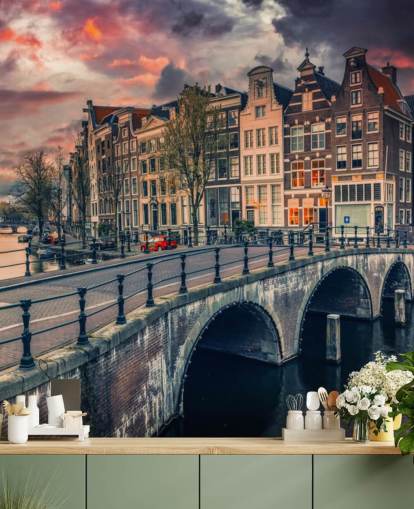 carta da parati amsterdam ponte e case al tramonto