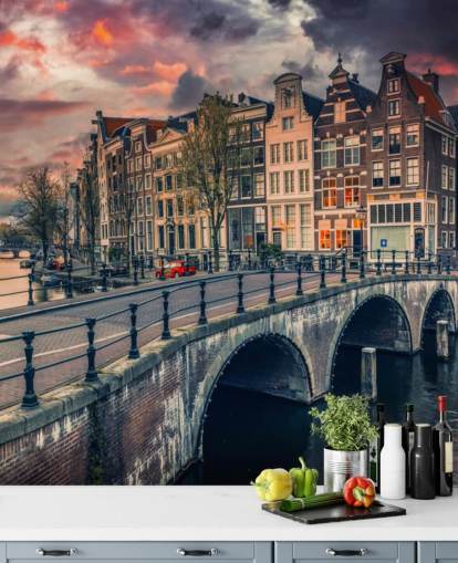 amsterdam bro og hus ved solnedgang tapet