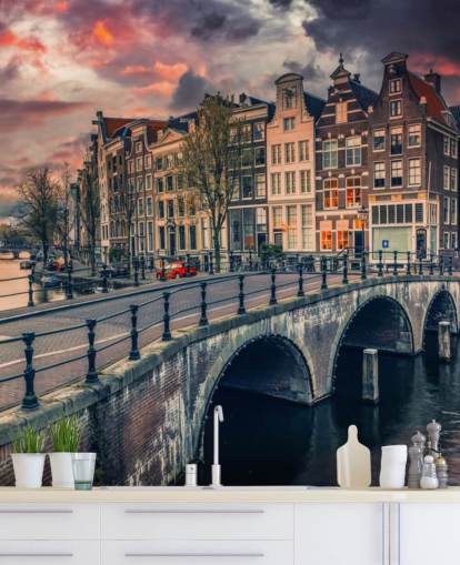 pont d'Amsterdam et maisons au coucher du soleil papier peint