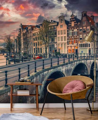 amsterdam silta ja taloja auringonlaskun tapetti