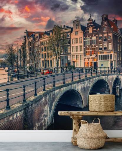 Fondo de pantalla de amsterdam puente y casas al atardecer