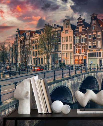carta da parati amsterdam ponte e case al tramonto
