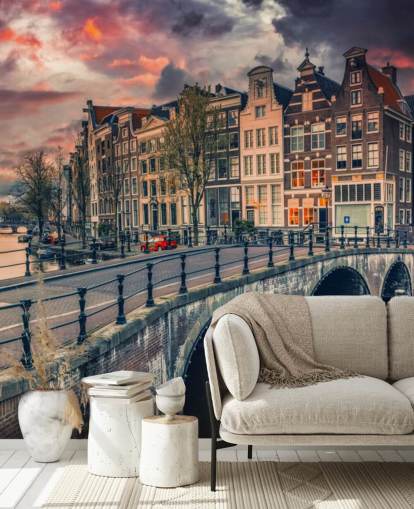 amsterdam bridge and houses at sunset wallpaper
